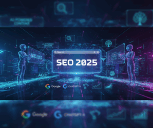 Futuristic workspace showing a person using AI content creation tools 2025, including video editing, AI voice synthesis, and photo enhancement on holographic screens, illustrating digital marketing innovation.