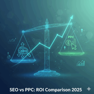 SEO vs PPC ROI comparison 2025 — digital marketing concept with scale, icons, and growth chart in blue-green tones.