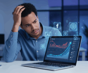 Frustrated marketer analyzing Facebook Ads performance with charts and conversion arrows, illustrating a 48-hour fix for 2025 ad campaigns.