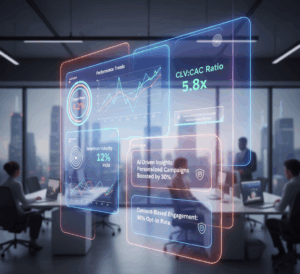 Futuristic SaaS marketing dashboard displaying key revenue-driven metrics for 2025, including churn rate, CLV:CAC ratio 5.8x, retention velocity, AI-driven insights, and consent-based engagement, in a modern office with team collaborating on laptops.