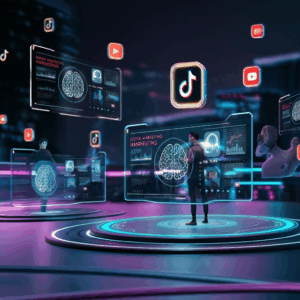 AI-powered digital marketing in Bangladesh showing futuristic holographic dashboards with social media icons like TikTok and YouTube — symbolizing the blend of human creativity and machine intelligence.