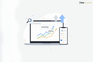 Google Trends dashboard showing rising search trends for marketing and startup topics on laptop and mobile — visualizing keyword growth and digital marketing insights.