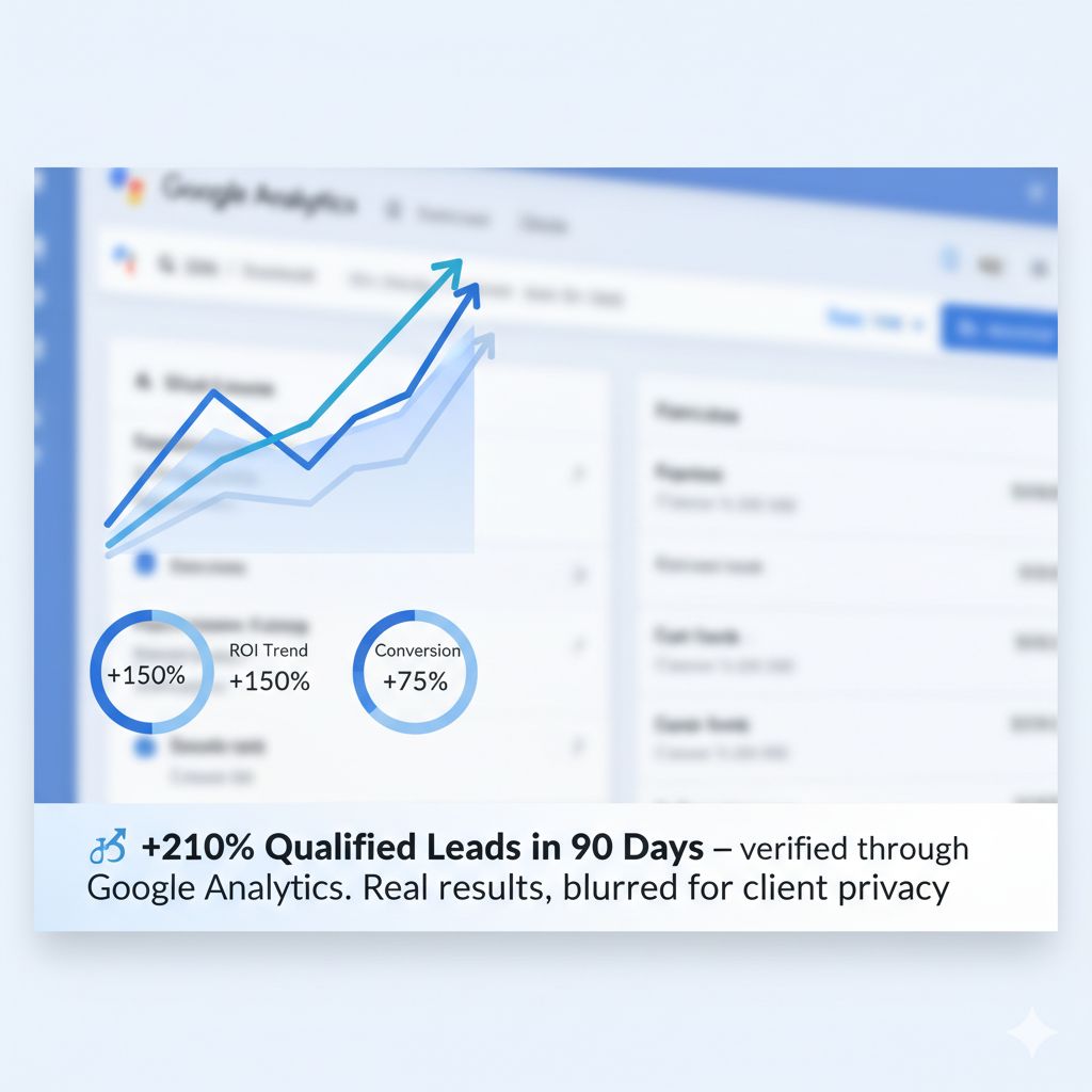 Google Analytics dashboard showing +210% qualified leads growth in 90 days with improved ROI trend and conversion rate, verified digital marketing performance by Bizzacquire.