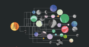 Abstract illustration showing artificial intelligence transforming digital marketing through connected data, automation, personalization, and predictive analytics for modern businesses.